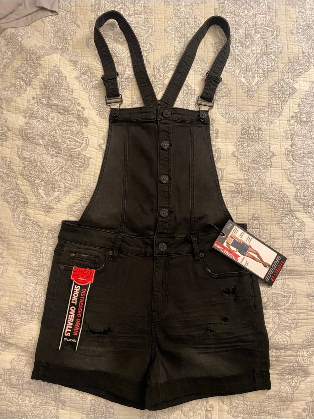 Enjean Black Denim Short Overalls